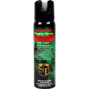 Pepper Shot 1.2% Major Capsaicinoids 4 oz Pepper Spray – 2 Million SHU, Stream and Fogger Options, Flip-Top and Locking Actuator Safety, UV Dye, Leatherette Holster with Belt Clip