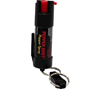 Pepper Shot 1/2 oz Pepper Spray 1.2% Major Capsaicinoids – Stream, 2 Million SHU, 6-10 Bursts, 6-8 Ft Range, Belt Clip, Quick Release Keychain, UV Dye