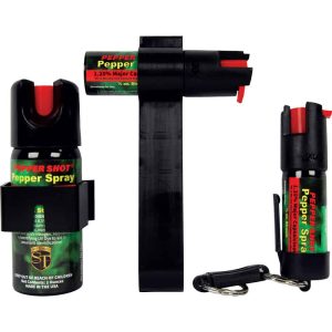 Pepper Shot 1.2% MC Tri-Pack Pepper Spray Set – 2 oz Home Unit, 1/2 oz Auto Visor Clip, 1/2 oz Quick Release Keychain, Stream Spray, 2 Million SHU, UV Dye