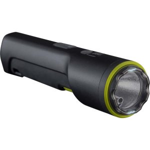 Compact black flashlight with a lime-green ring around the LED at the front.